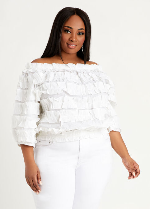 Ruffle Off The Shoulder Top, White image number 0