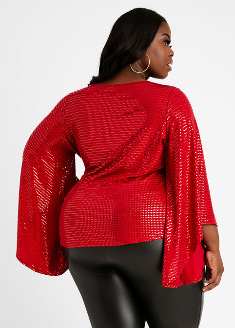 Sequin Dot Flare Sleeve Knit Top, Chili Pepper image number 1