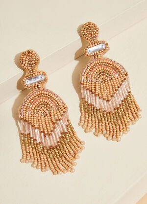 Beaded Fringed Chandelier Earrings, Camel Taupe image number 1