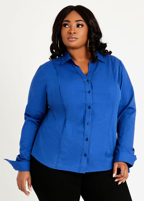 Plus Size Tall Classic Navy Point Collar Long Sleeve Button Up Top image number 0