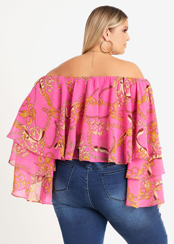 Off The Shoulder Status Print Top, Fuchsia Red image number 1