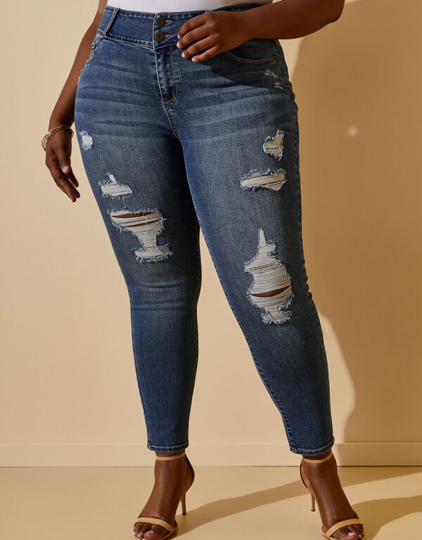 Distressed Two Button Skinny Jeans, Dk Rinse image number 0