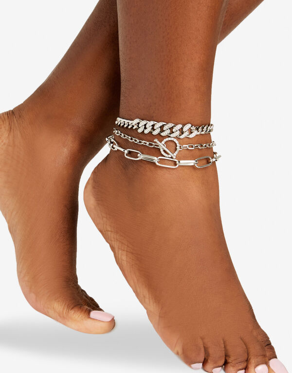Embellished Silver Tone Anklet Set, Silver image number 0