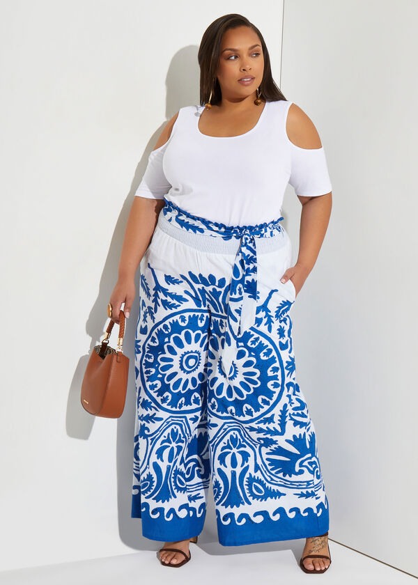 Printed Cotton Wide Leg Pants, White image number 2