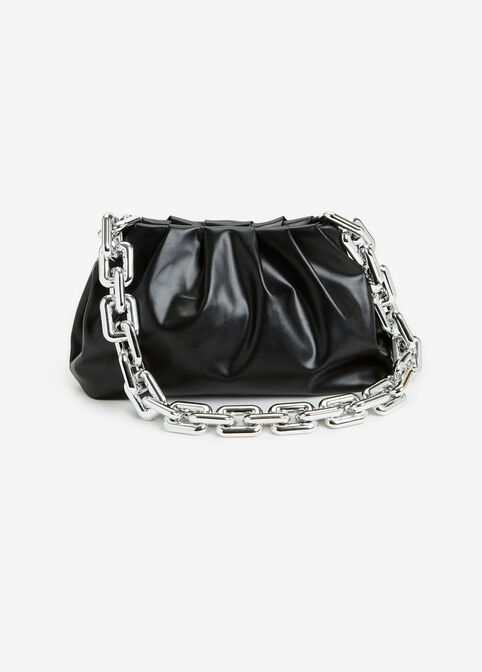 Ruched Faux Leather Chain Bag, Black image number 0