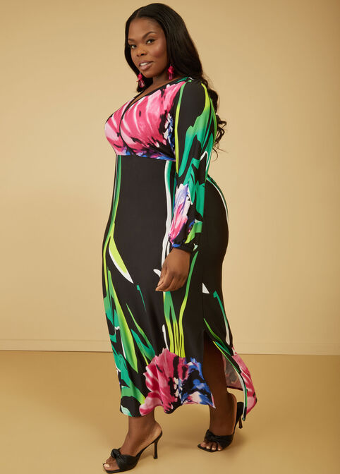 Floral Print Faux Wrap Maxi Dress, Black Combo image number 3