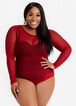 Mesh Long Sleeve Lingerie Bodysuit, Red image number 0