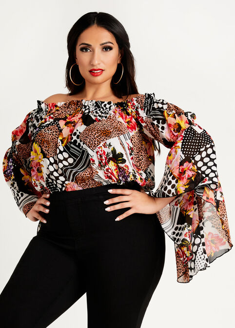 Mixed Print Off The Shoulder Top, Black White image number 0