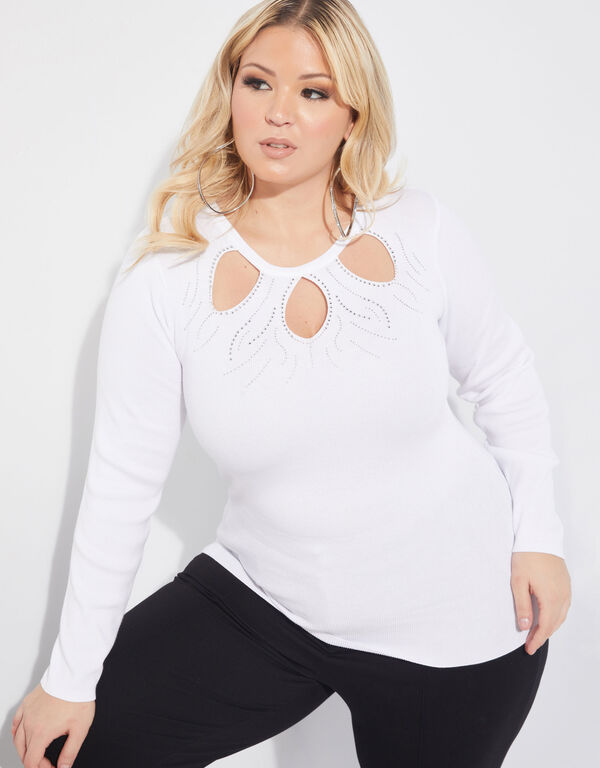 Crystal Embellished Cutout Sweater, White image number 0