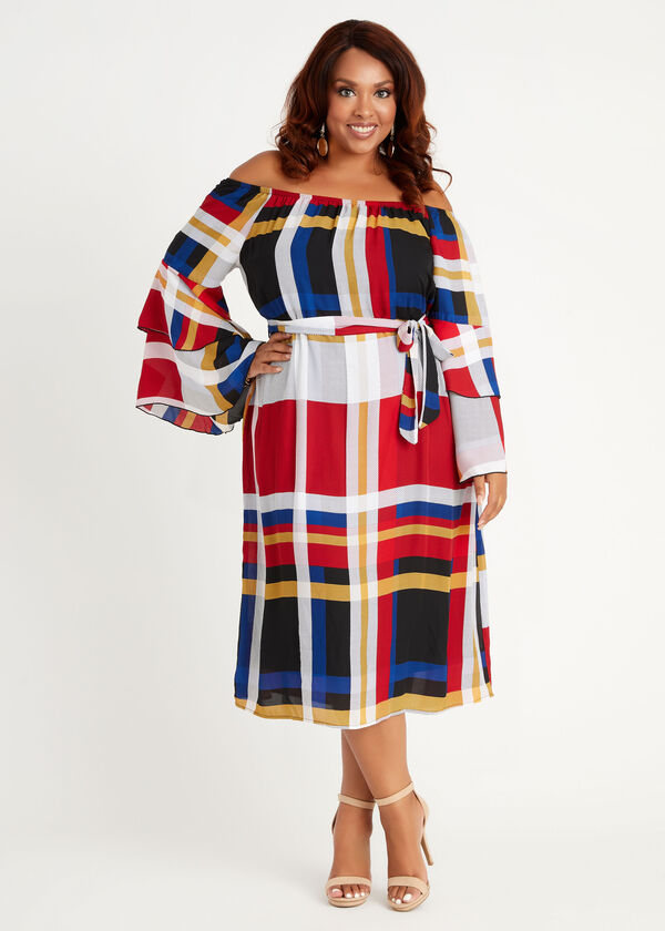 Plus Size Belted Plaid Dot Off The Shoulder Peasant Flare Sleeve Dress