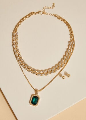 Crystal Cuban Link Necklace Set, Gold image number 1