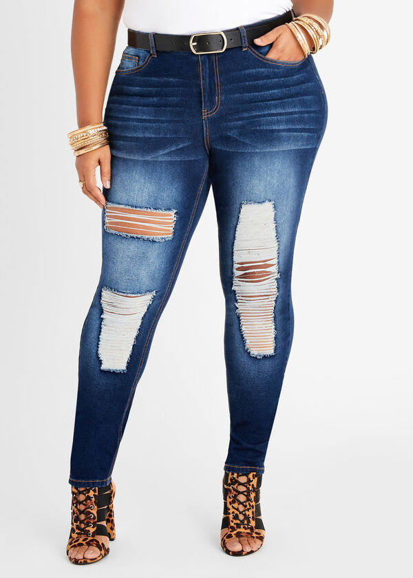 Distressed Skinny Jeans, Medium Blue image number 0