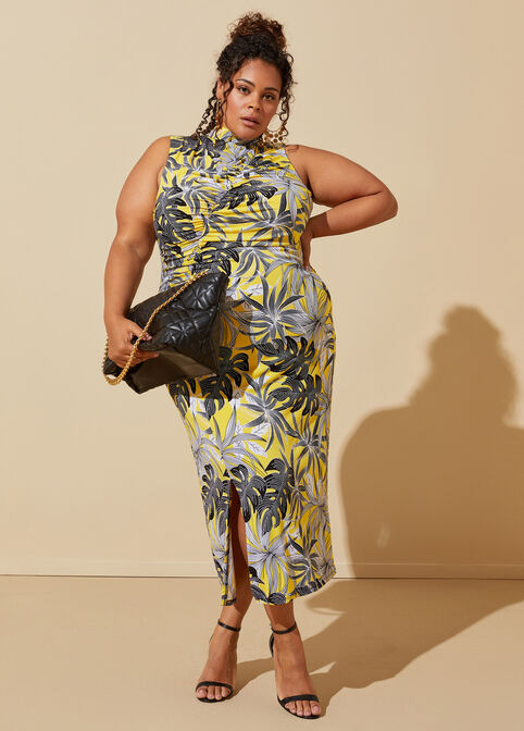 Palm Print Ruched Midi Dress, Maize image number 2