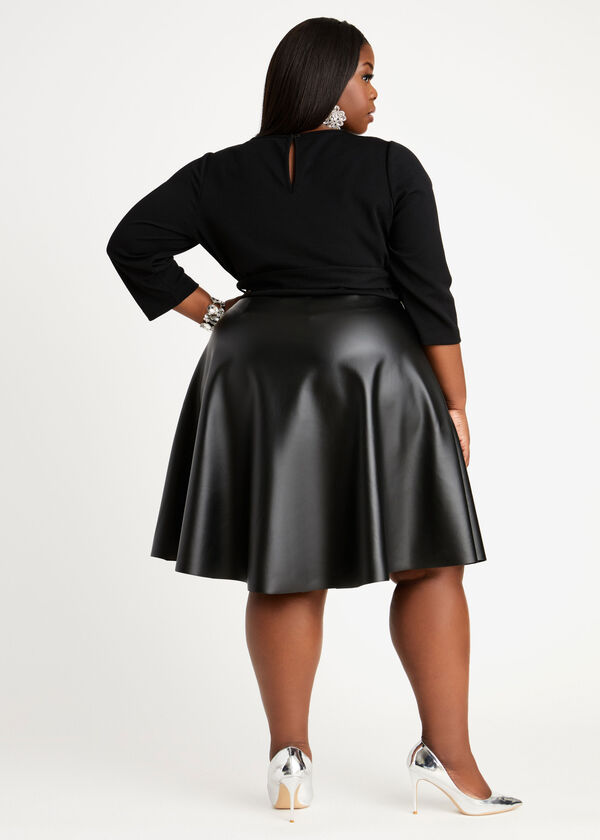 Faux Leather & Knit Flare Dress, Black image number 1