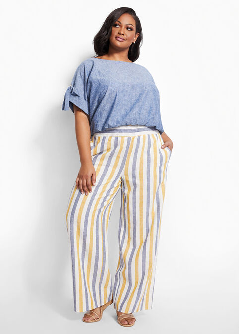 Striped Linen Wide Leg Pant, White image number 2