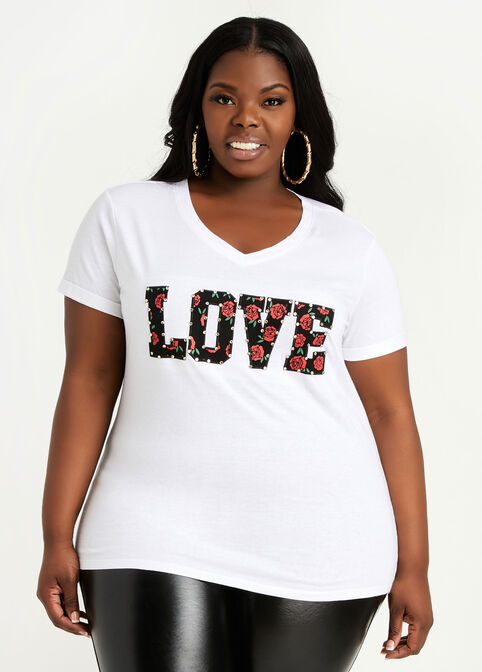 Rhinestone Floral Love Graphic Tee, White image number 0