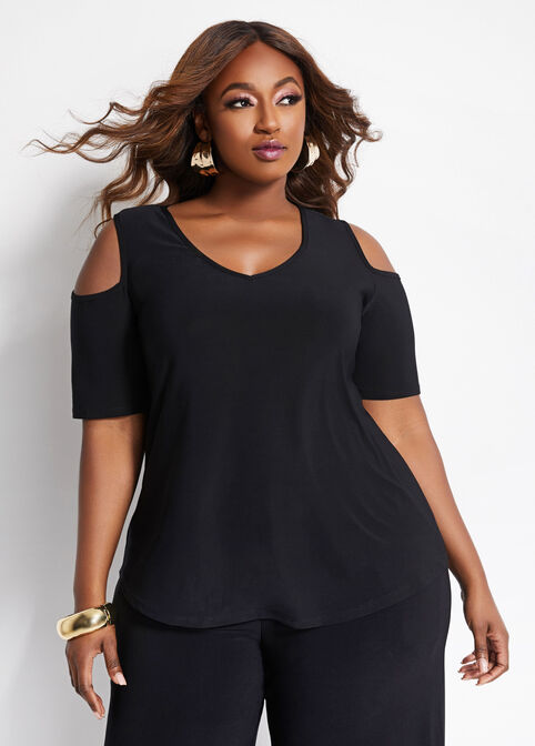 Plus Size Stretch Knit Cold Shoulder Sexy A Line Elbow Sleeve Tops image number 0