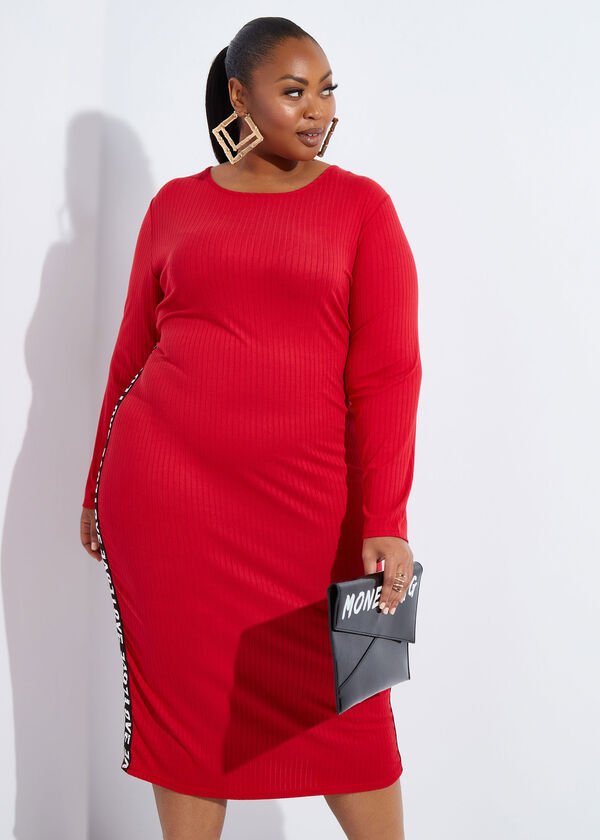 Love Ribbed Midi Dress, Red image number 3