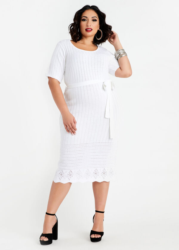Belted Pointelle Hem Sweater Dress, White image number 0