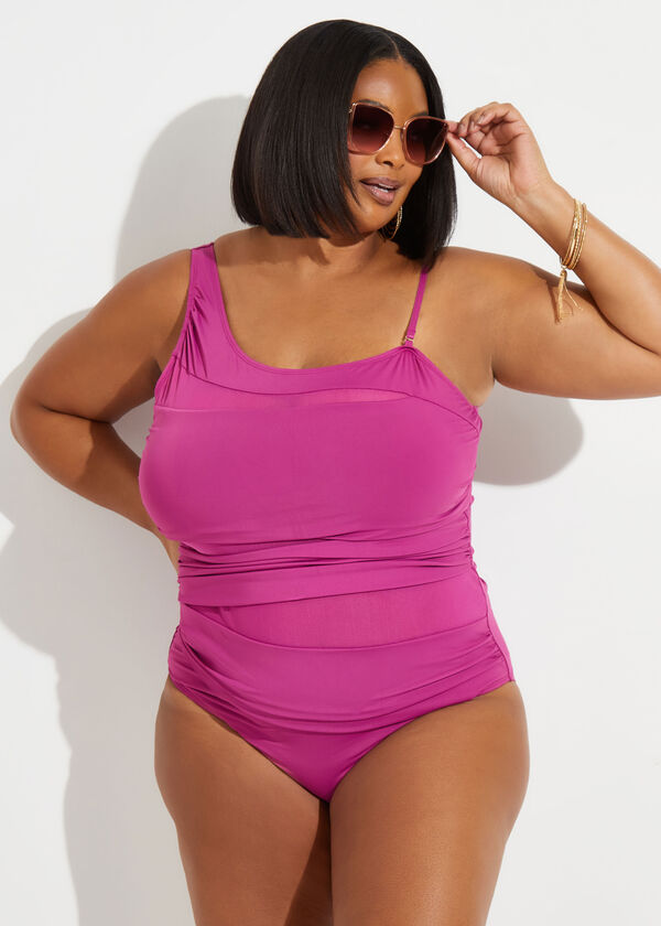 Mesh Paneled Convertible Swimsuit, Purple image number 0