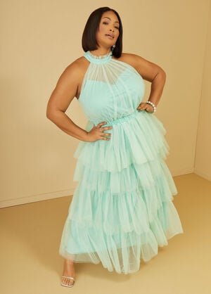 Cutout Tiered Tulle Gown, Mint Green image number 0