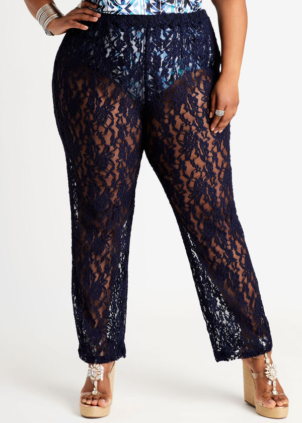 Floral Lace Swim Cover Up Pant, Navy image number 0