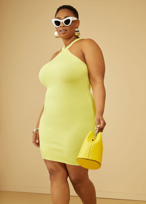 Twist Front Ribbed Bodycon Dress, Yellow image number 2
