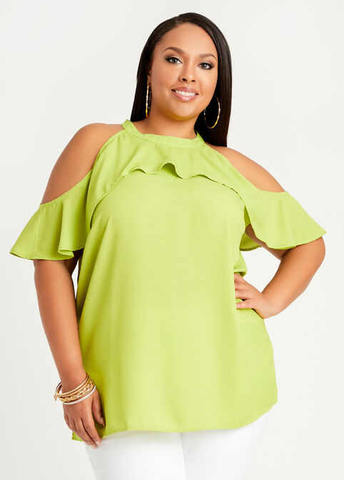 Ruffle Cold Shoulder Blouse, Bright Chartreuse image number 0