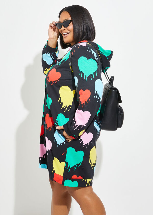 Hearts Printed Hoodie Dress, Black Combo image number 3