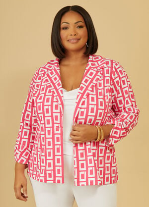 Ruched Sleeved Square Print Blazer, Pink image number 0