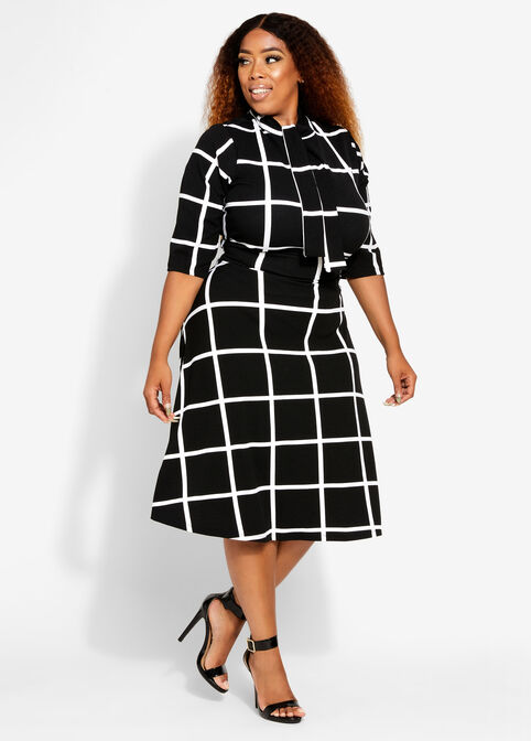 Plus Size Windowpane Print Swing A Line Cutout Tie Neck Party Dress image number 0
