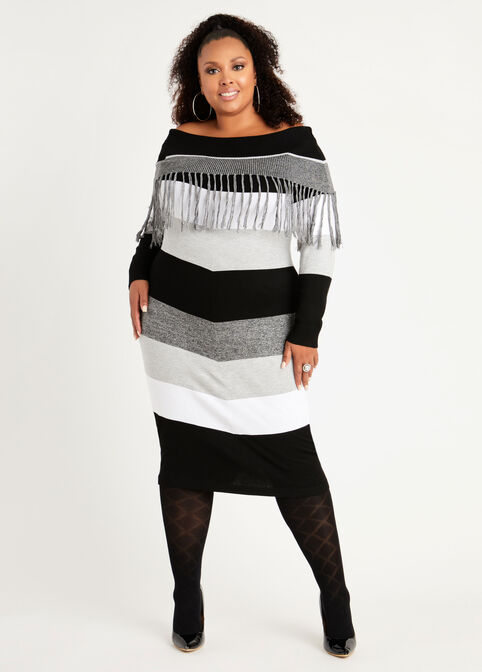 Plus Size Sexy Knitwear Fringe Stripe Off The Shoulder Sweater Dress image number 0