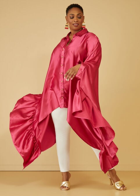 Drama Sleeved Satin Shirt, Pink Peacock image number 2