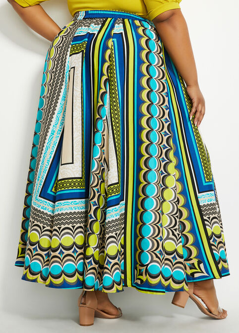Mixed Print Tie Accent Maxi Skirt, Veridian Green image number 1