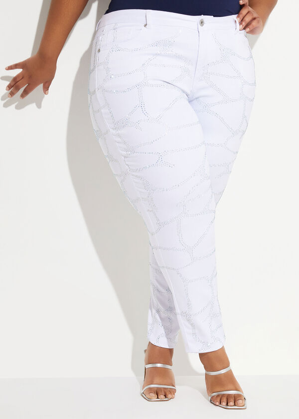 Mid Rise Crystal Embellished Jeans, White image number 3
