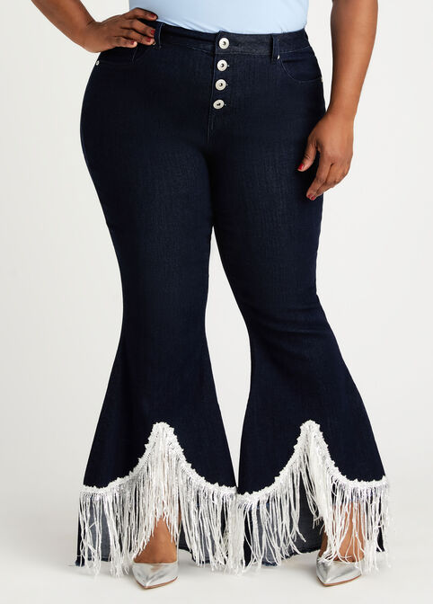 Plus Size Sequin Fringe Flared High Waist 4 Button 360 Bum Lift Jeans image number 0