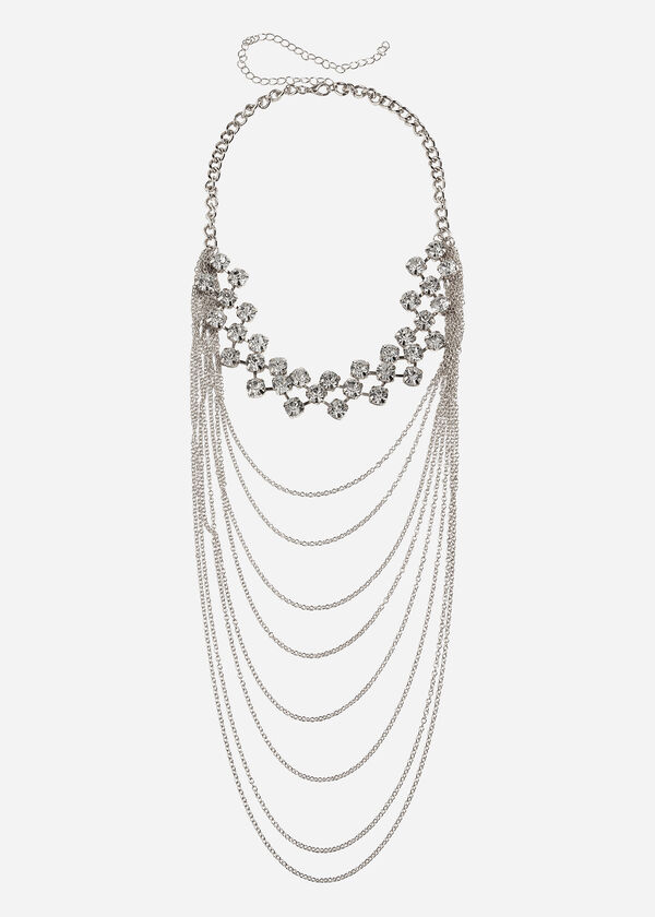 Statement Jewelry Silver Rhinestone Multi Layered Long Chain Necklace