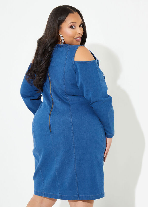 Studded Cold Shoulder Denim Dress, Medium Blue image number 1