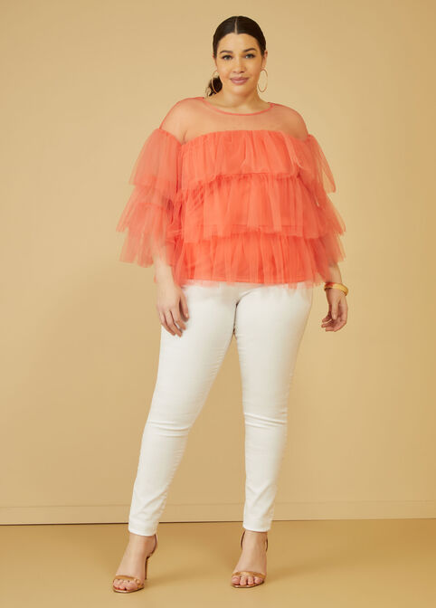 Tiered Tulle Top, LIVING CORAL image number 3