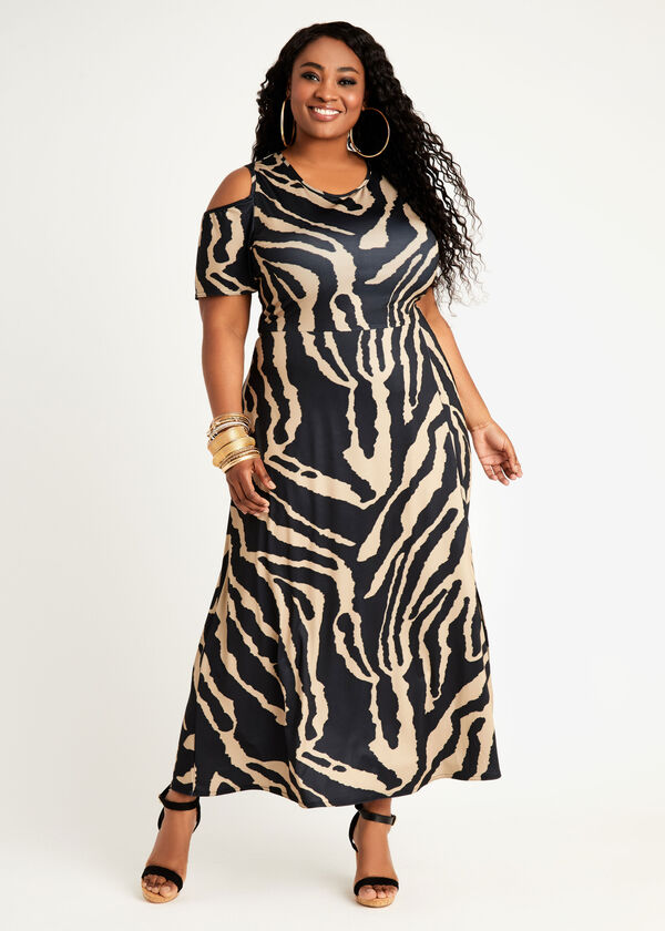 Plus Size Abstract Cold Shoulder Slit Front Sexy Party Maxi Dress