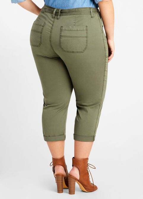 Belted Twill High Waist Crop Pant, Olive image number 1