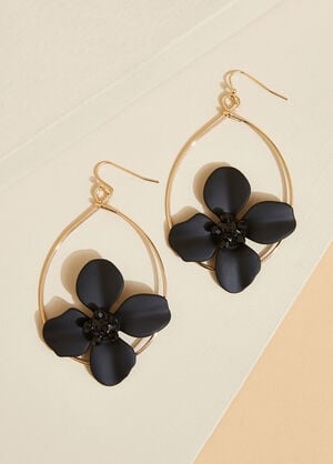Flower Crystal Hoop Earrings, Black image number 1