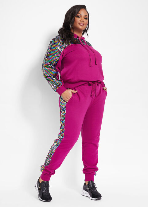 Pink Reverse Sequin Sides Joggers, Raspberry Radiance image number 2