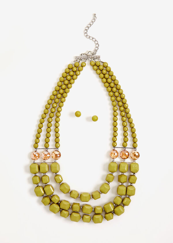 Green Bead Layer Necklace & Studs, Warm Olive image number 0