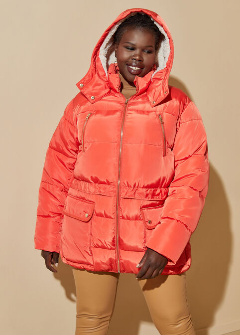 Faux Shearling Lined Puffer Coat, Orange image number 2