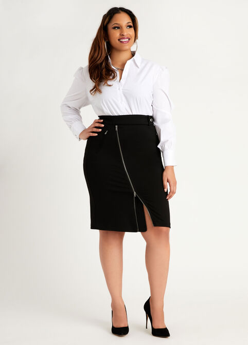 Ponte Asymmetric Front Zip Skirt, Black image number 2