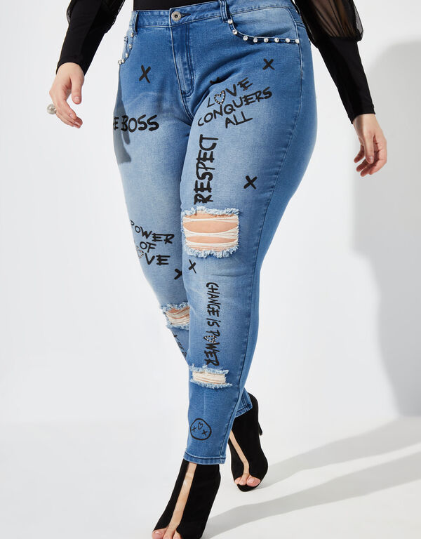 Love Conquers Skinny Jeans, Denim Blue image number 0