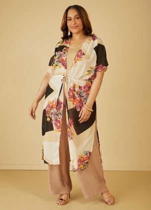 Tie Front Floral Chiffon Kimono, Black image number 0
