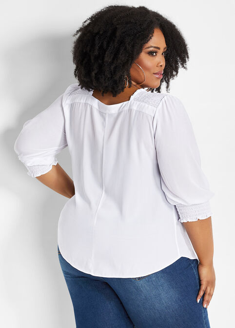Smocked Square Neck 3/4 Sleeve Top, White image number 1
