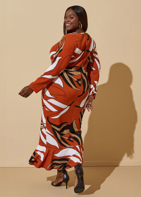 Textured Leaf Print Maxi Dress, Umber image number 1